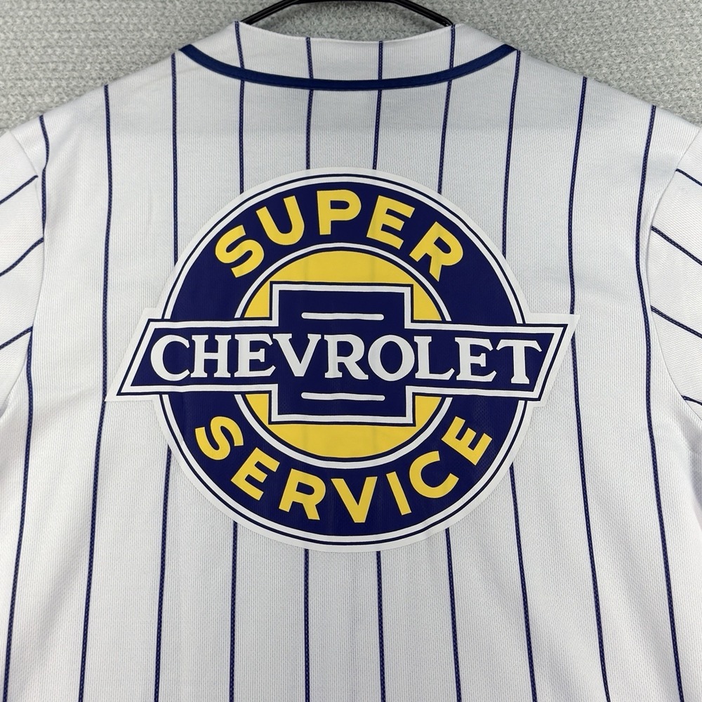 GM Chevrolet Chevy Baseball Jersey Mens Medium White Blue Pinstripe Button - Picture 7 of 15